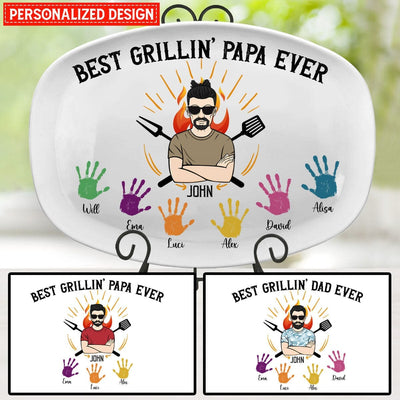 Best Grillin' Dad Ever Handprints Grandpa With Grandkids Personalized Platter NTA22MAY23NA1 Platter Humancustom - Unique Personalized Gifts Platter 8x11 INCHES