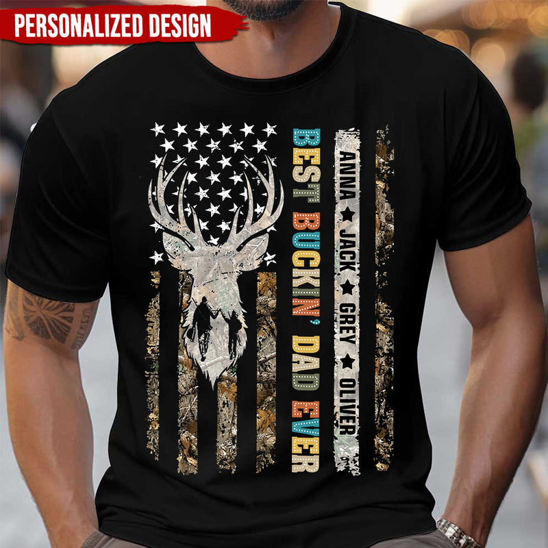 Deer Hunting Best Buckin Dad Ever, Kids Name Personalized Black T-Shirt