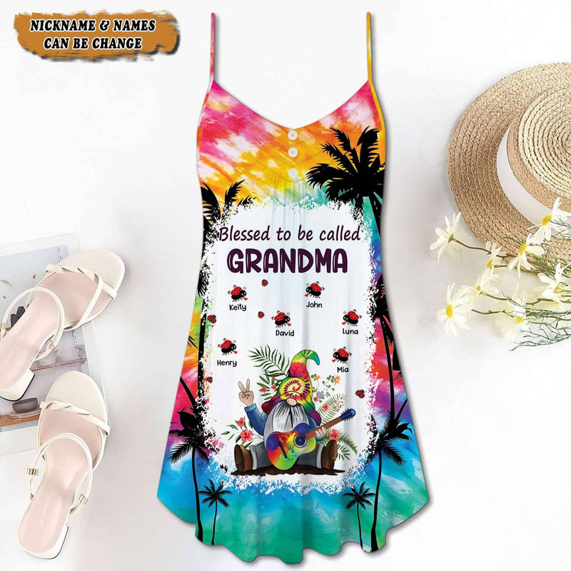 Discover Blessed To Be Called Grandma Gnome Tie Dye Love Bug Custom Gift For Grandma Personalized Summer Dress