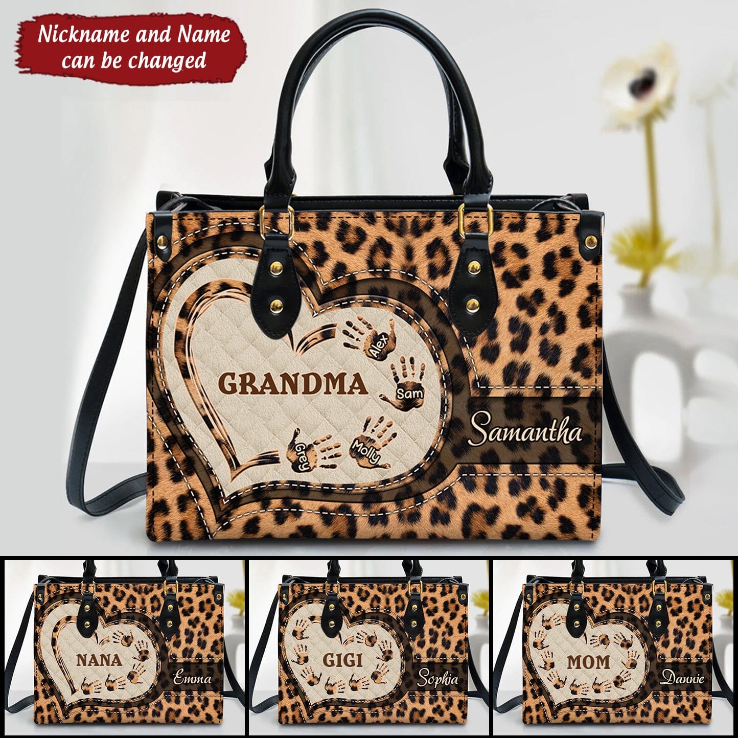 Customized Grandma Mom Heart Hand Prints Leopard Seamless Mothers Day Familia Gift Leather Handbag HLD01AUG22TT2 Leather Handbag Humancustom - Unique Personalized Gifts 