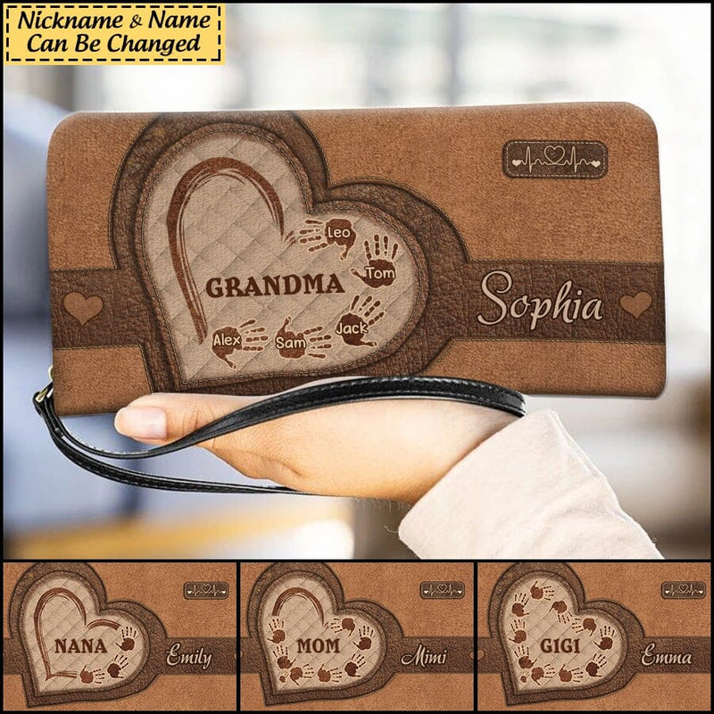 Discover Grandma Mom Heart Kids Handprints Mother's Day Gift Personalized Leather Long Wallet