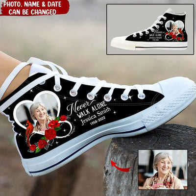 Upload Photo Family Loss Never Walk Alone Infinity Heart Rose Infinite Love Memorial Gift Customized High Top Shoes HLD07APR23NY1 High Top Shoes Humancustom - Unique Personalized Gifts Women White US 5