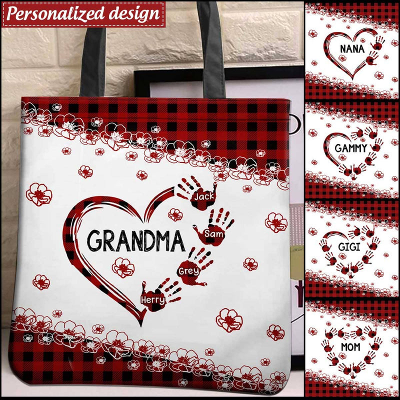 Discover Grandma Mom Heart Hand Prints Custom Names Mother's Day Cute Gift Plaid Pattern Floral Tote Bag