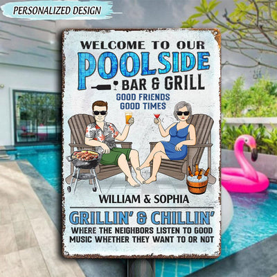 Welcome To Our Poolside Bar & Grill - Couple Personalized Custom Home Decor Metal Sign HLD15MAY23VA1 Metal Sign Humancustom - Unique Personalized Gifts 17.5" x 12.5"