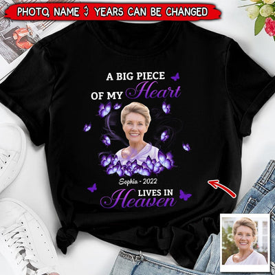 Upload Photo Family Loss A Big Piece Of My Heart Lives In Heaven Butterflies Memorial Gift Tshirt Hoodie Sweatshirt HLD21MAR23TP2 Black T-shirt and Hoodie Humancustom - Unique Personalized Gifts Classic Tee Black S