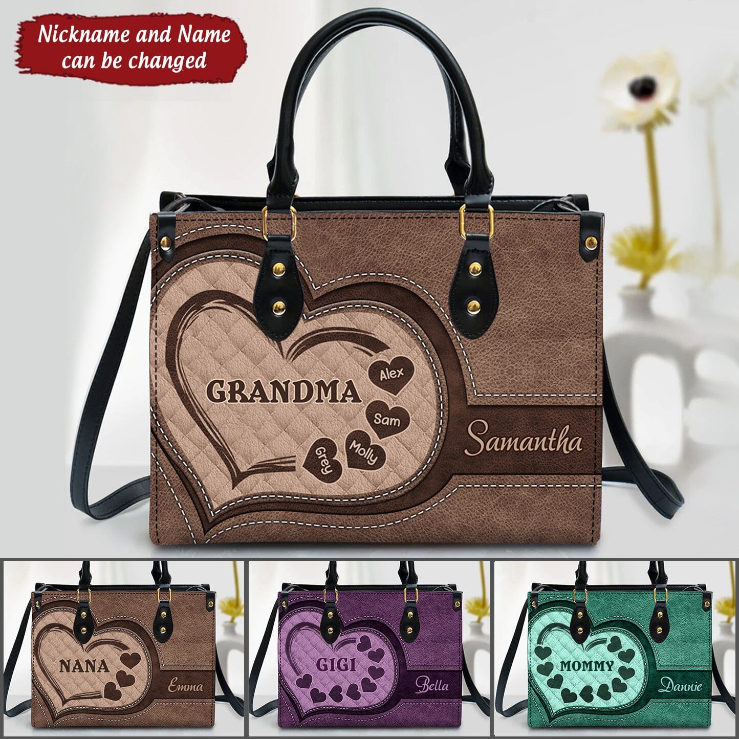 Customized Grandma Mom Heart Custom Nickname Names Mothers Day Familia Gift Leather Handbag HLD23JUL22TT3 Leather Handbag Humancustom - Unique Personalized Gifts Black 