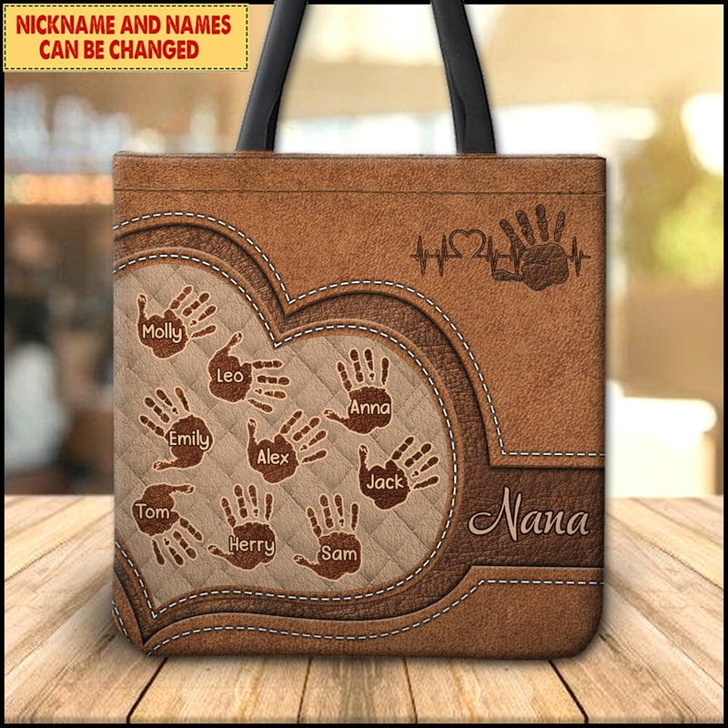 Discover Personalized Grandma Mom Heart Handprints Family Mother's Day Gift Leather Pattern Tote Bag