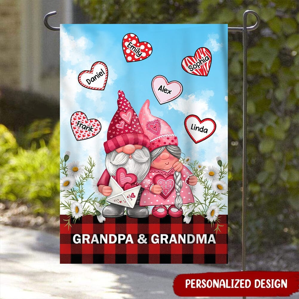 Customized Gnome Grandma Grandpa Hearts Valentine Day Family Gift Plaid Flag HLD28DEC22NY1 Flag Humancustom - Unique Personalized Gifts Garden Flag (11.5