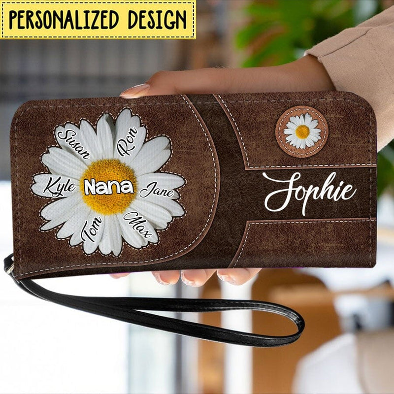 Discover Grandma Mom Daisy Flower Mother's Day Family Gift Personalized Leather Long Wallet