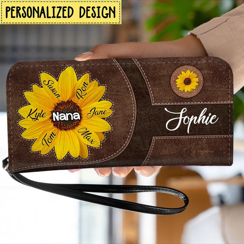 Discover Grandma Mom Sunflower Kids Names Mother's Day Family Gift Leather Pattern Personalized Leather Long Wallet