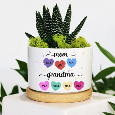 Mom Grandma And 3D Heart Grandkids Personalized Ceramic Plant Pot NTN01APR23KL1 Ceramic Plant Pot Humancustom - Unique Personalized Gifts