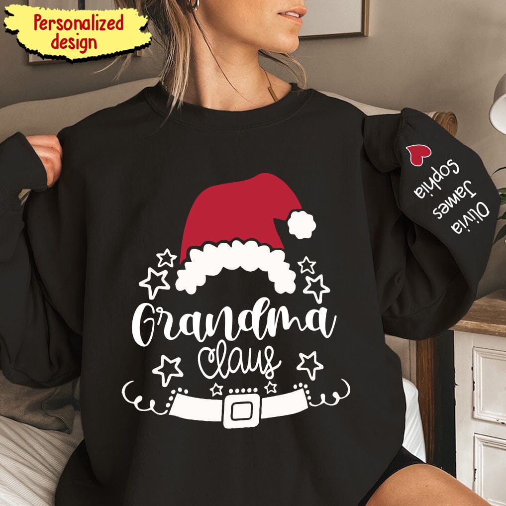 Grandma Claus Christmas Vibe With Grandkids Name on Sleeve Personalized Sweatshirt HTN02OCT23TT1 Black T-shirt and Hoodie HumanCustom - Unique Personalized Gifts Made Just for You Sweatshirt S Black