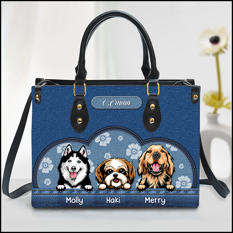 Denim Flower Pattern Cute Dog Puppy Personalized Leather Handbag