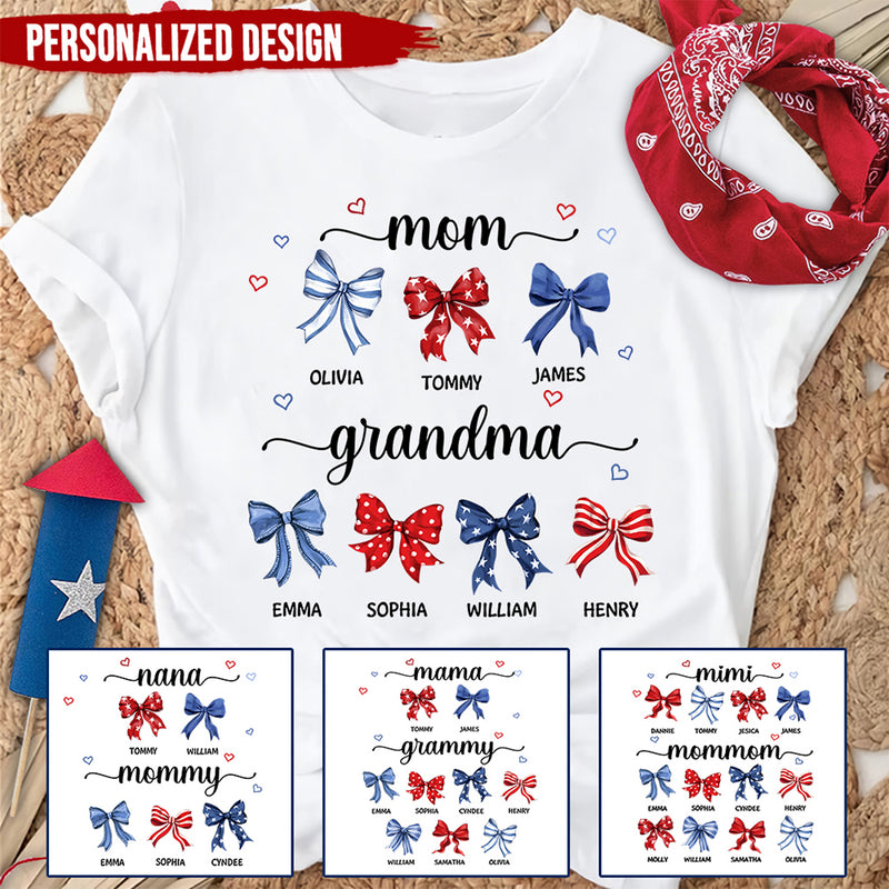 Proud American Grandma Mom Bow 4th of July Personalized White T-shirt