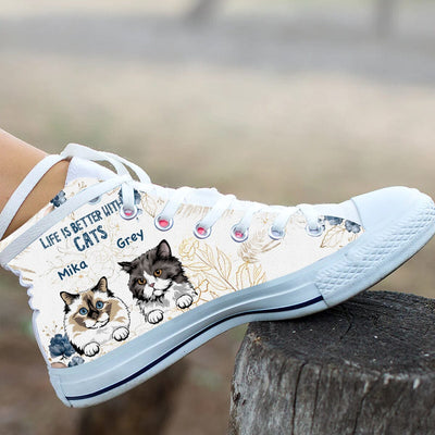 Life is better with cats Cat Mom Kitten Pet Personalized High Top Shoes Purrfect Gift for Cat Lovers HTN04APR23KL1 High Top Shoes Humancustom - Unique Personalized Gifts