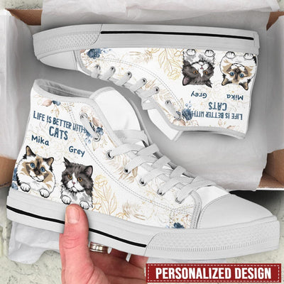 Life is better with cats Cat Mom Kitten Pet Personalized High Top Shoes Purrfect Gift for Cat Lovers HTN04APR23KL1 High Top Shoes Humancustom - Unique Personalized Gifts Women US 5