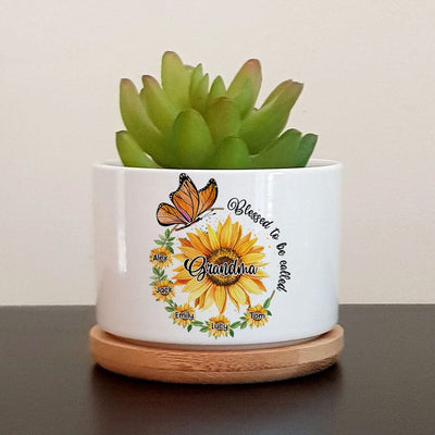 Sunflower Butterfly Grandma with grandkids Personalized Ceramic Plant Pot Gift for Grandmas Mom Aunties HTN04APR23TP1 Ceramic Plant Pot Humancustom - Unique Personalized Gifts