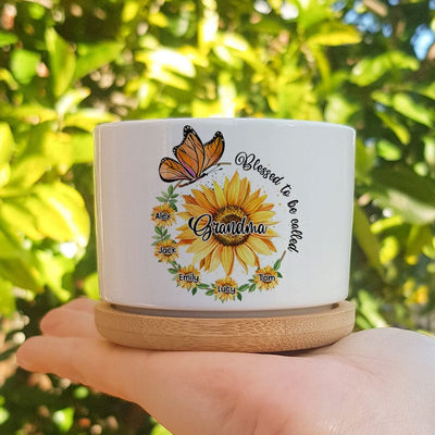 Sunflower Butterfly Grandma with grandkids Personalized Ceramic Plant Pot Gift for Grandmas Mom Aunties HTN04APR23TP1 Ceramic Plant Pot Humancustom - Unique Personalized Gifts