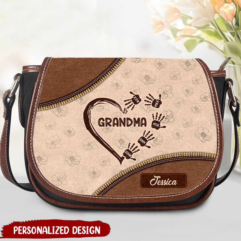 Grandma Mom Heart Kids' Handprints Custom Names Mother's Day Gift Leather Pattern Tambourin Bag With Single Strap HTN04APR24NY1