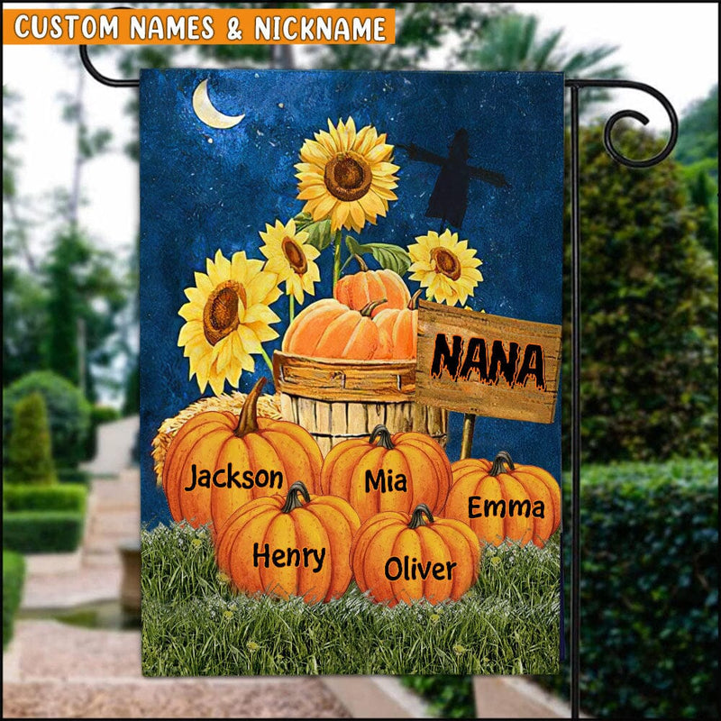 Discover Cute Pumpkins Grandkids Halloween Night Personalized Garden flag Perfect Gift for Grandmas Moms Aunties