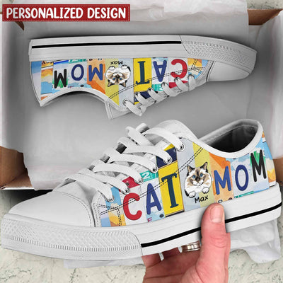 Cat Mom Cute Cat Kitten Pet License Plate Pattern Personalized Low Top Shoes Pawfect Gift for Cat Lovers HTN05APR23KL3 Lowtop Shoes Humancustom - Unique Personalized Gifts