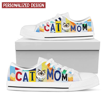 Cat Mom Cute Cat Kitten Pet License Plate Pattern Personalized Low Top Shoes Pawfect Gift for Cat Lovers HTN05APR23KL3 Lowtop Shoes Humancustom - Unique Personalized Gifts White Women US 5