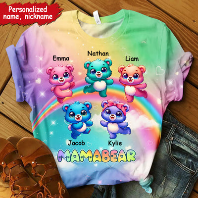 Colorful Bear Grandkids Rainbow Background Personalized 3D T-shirt Gift for Grandmas HTN05APR24CT2