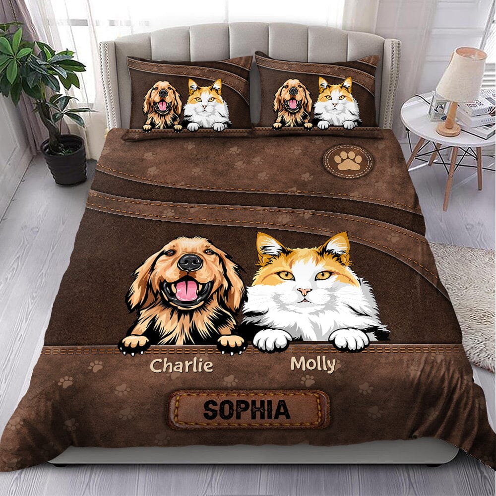 Personalized Cat Kitty Dog Puppy Pet Leather Pattern Bedding Set HTN05DEC23NY1 Bedding Set HumanCustom - Unique Personalized Gifts Made Just for You US TWIN 