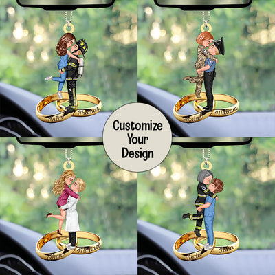 Couple Portrait, Firefighter, Nurse, Police Officer, Military, Chef, EMS, Flight, Teacher, Gifts by Occupation Wedding Ring Personalized Car Ornament HTN05JAN24NY1