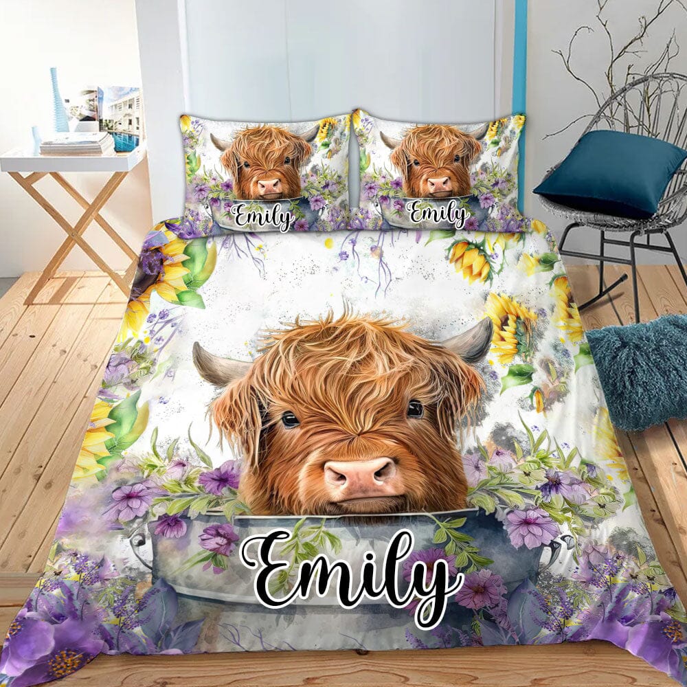 Flower Baby Highland Cow In Bucket, Love Cow Cattle Farm Personalized Bedding Set HTN06DEC23NA2 Bedding Set HumanCustom - Unique Personalized Gifts Made Just for You 