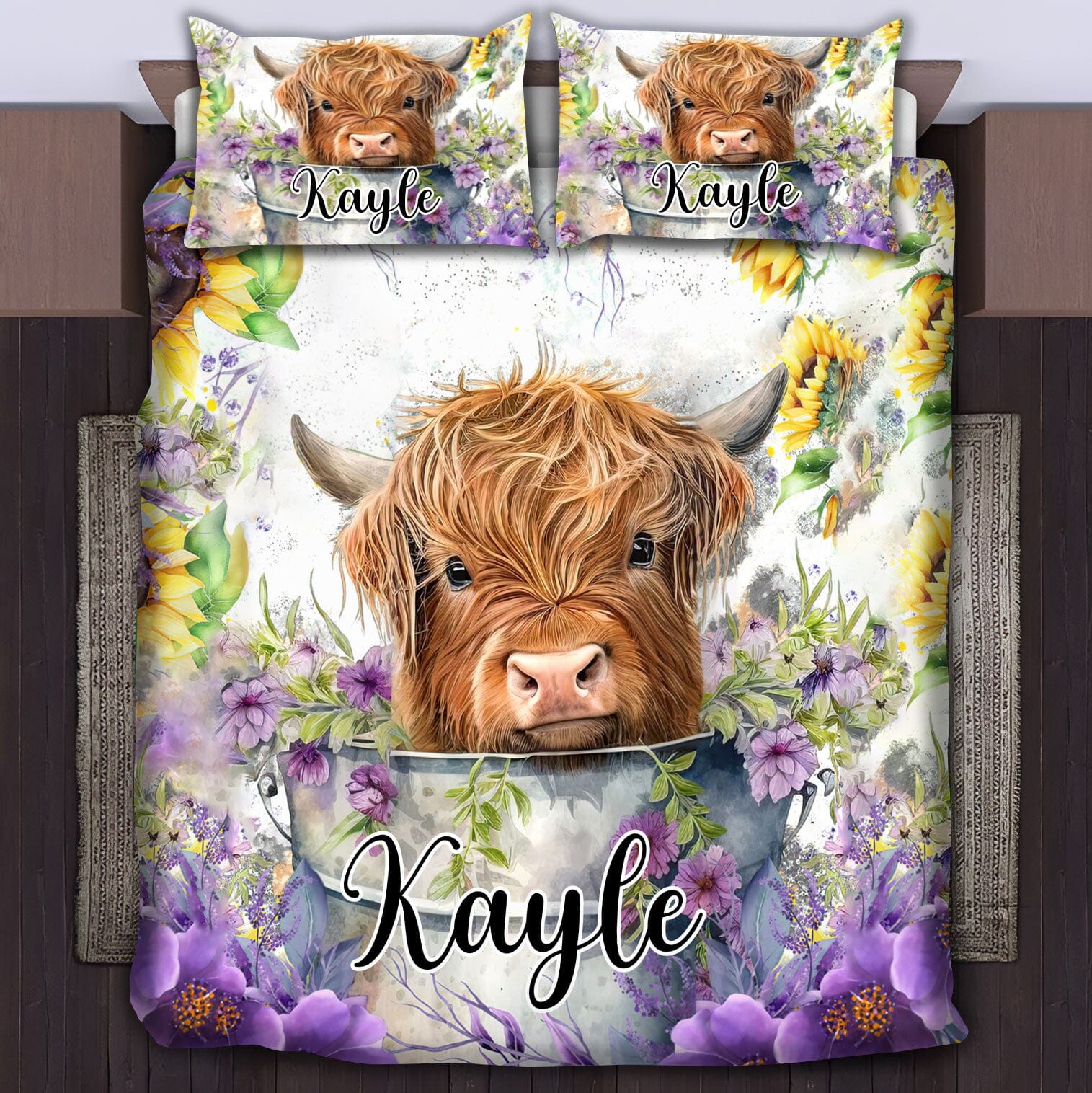 Flower Baby Highland Cow In Bucket, Love Cow Cattle Farm Personalized Bedding Set HTN06DEC23NA2 Bedding Set HumanCustom - Unique Personalized Gifts Made Just for You 