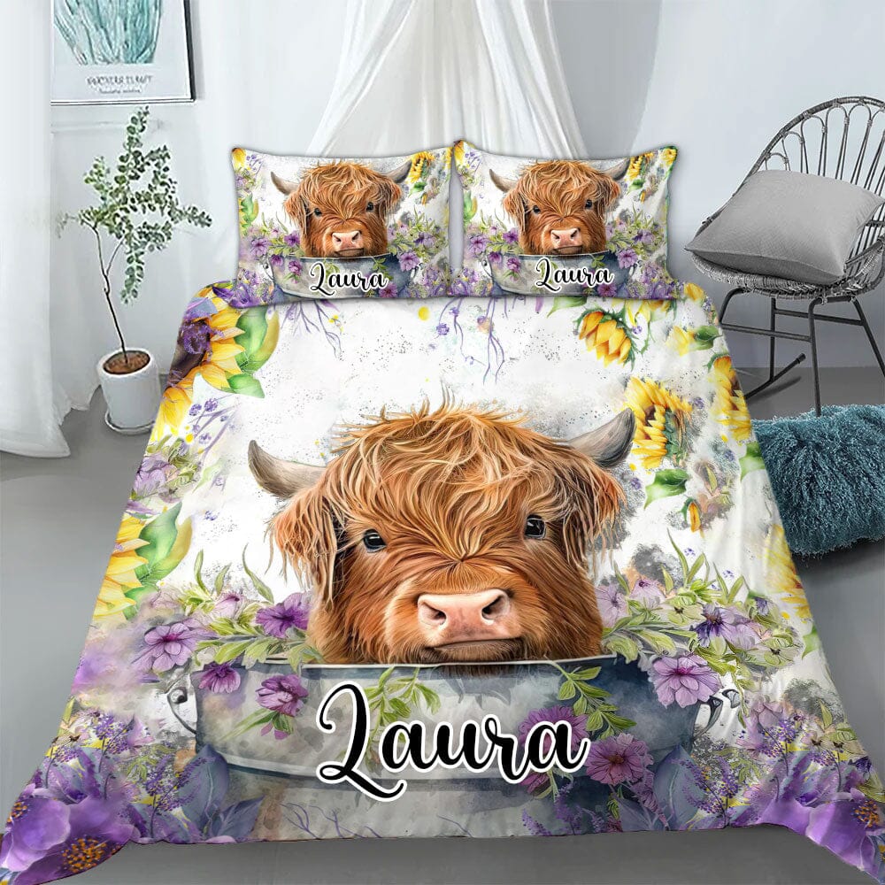 Flower Baby Highland Cow In Bucket, Love Cow Cattle Farm Personalized Bedding Set HTN06DEC23NA2 Bedding Set HumanCustom - Unique Personalized Gifts Made Just for You 