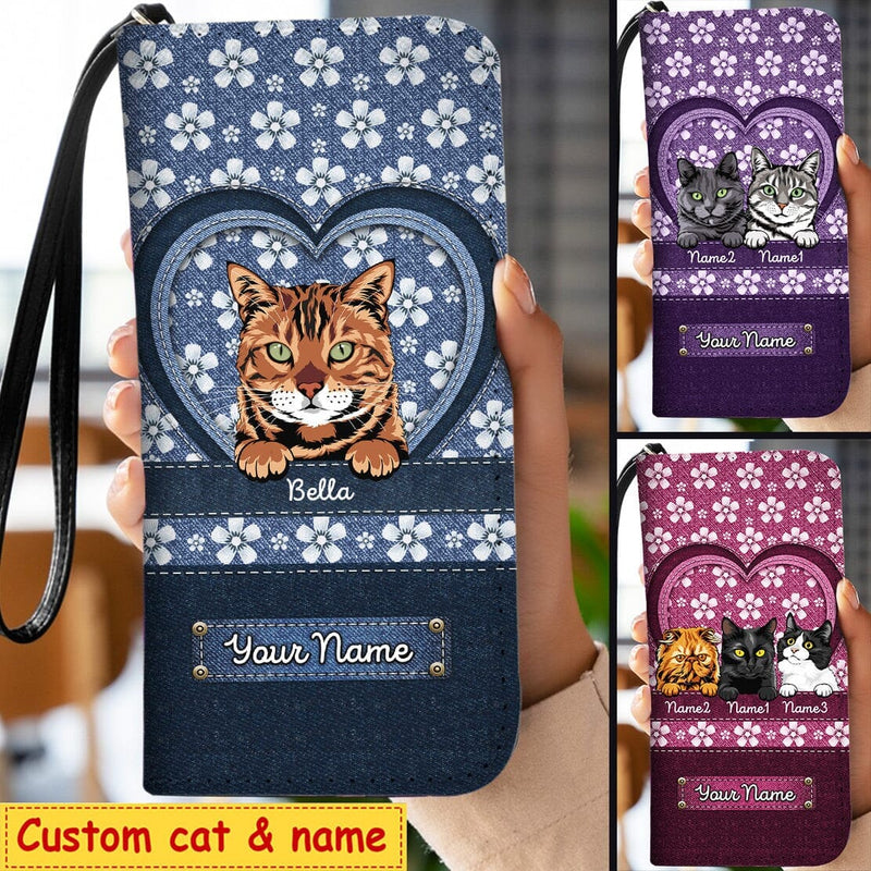 Personalized Flower Denim Pattern Cute Cat Kitten Pet Woman Purse Gift for cat lovers