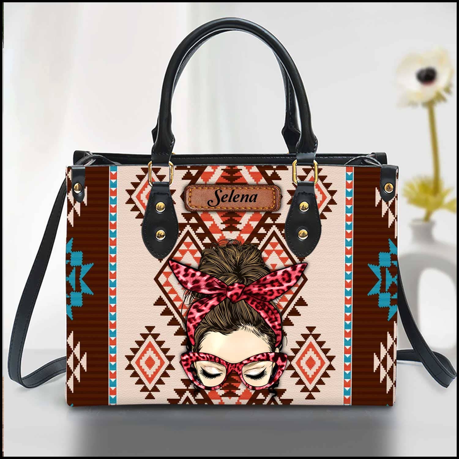 Boho Aztec Messy Bun Girl Personalized Leather Handbag HTN07DEC23NA1 Leather Handbag HumanCustom - Unique Personalized Gifts Made Just for You 