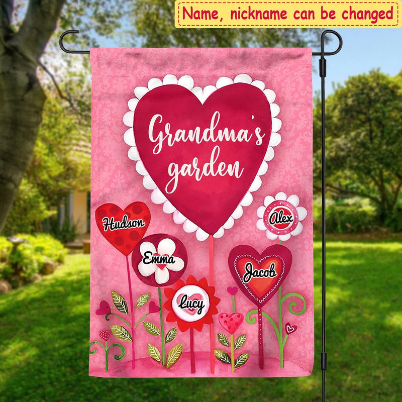 Cute Pink Flower Sweetheart Grandkids Grandma's Garden Personalized Flag