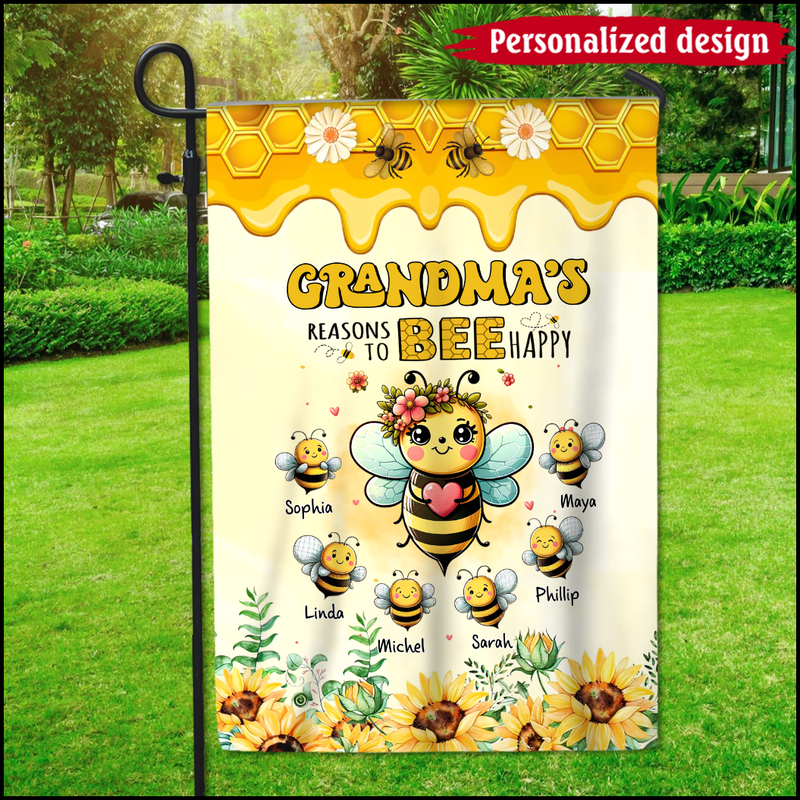 Discover Grandma's reasons to bee happy Personalized Flag