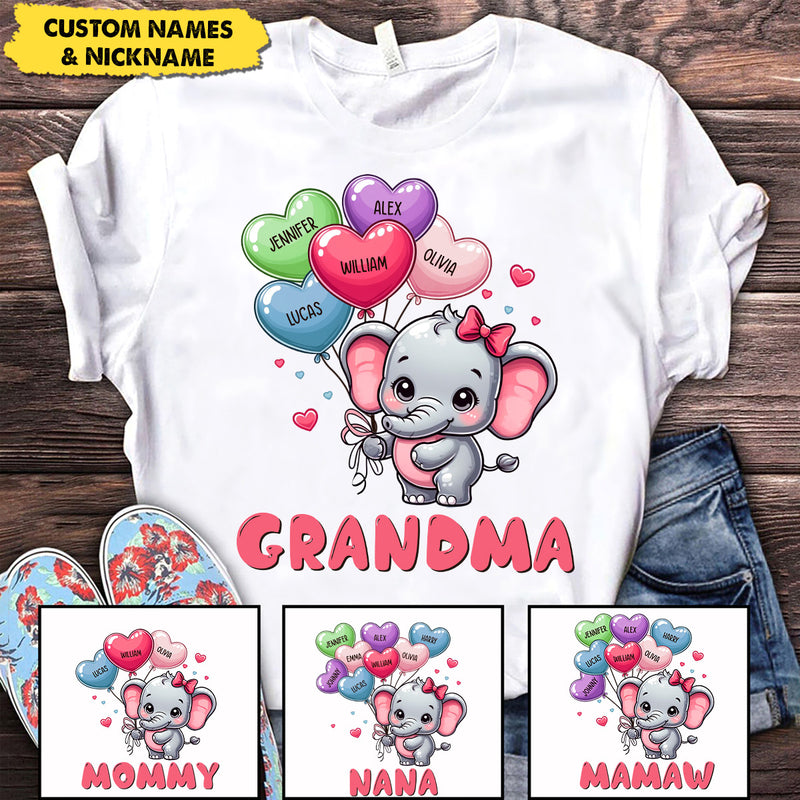 Cute Elephant Grandma With Sweetheart Balloon Grandkids Personalized T-Shirt