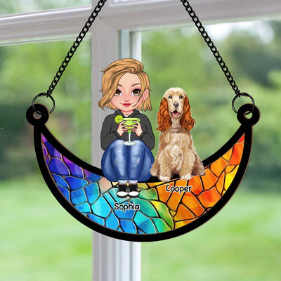 Cute Dog Mom Sitting On the Moon Personalized Window Hanging Suncatcher Ornament HTN09MAY24VA2