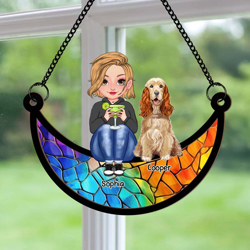Cute Dog Mom Sitting On the Moon Personalized Window Hanging Suncatcher Ornament