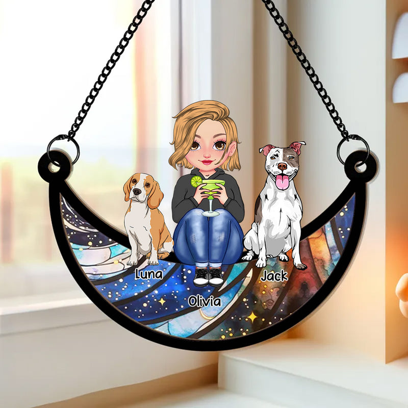 Cute Dog Mom Sitting On the Moon Personalized Window Hanging Suncatcher Ornament