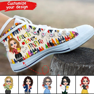 Colorful Crayon Teach Love Inspire Cute Pretty Doll Teacher Personalized High Top Shoes Perfect Teacher's Day Gift HTN10APR23CT1 High Top Shoes Humancustom - Unique Personalized Gifts Women White US 5