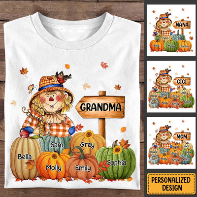 Fall Season Scarecrow Grandma's Pumpkin Patch Personalized White T-shirt and Hoodie HTN10AUG23TT1