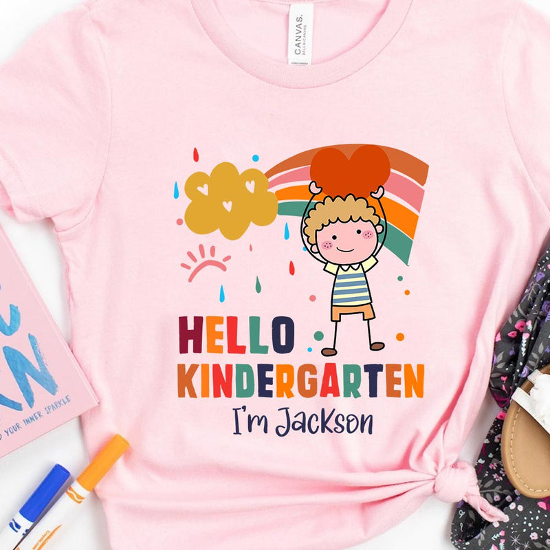 Hello Kindergarten Cute Colorful Rainbow Personalized Youth Tee Back to School gift for children