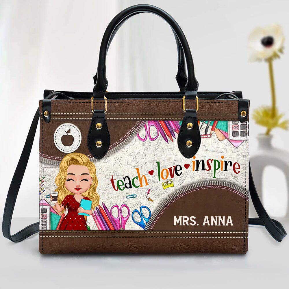 Teach Love Inspire Teacher Counselor Educator Personalized Leather Handbag HTN11DEC23NA4 Leather Handbag HumanCustom - Unique Personalized Gifts Made Just for You 