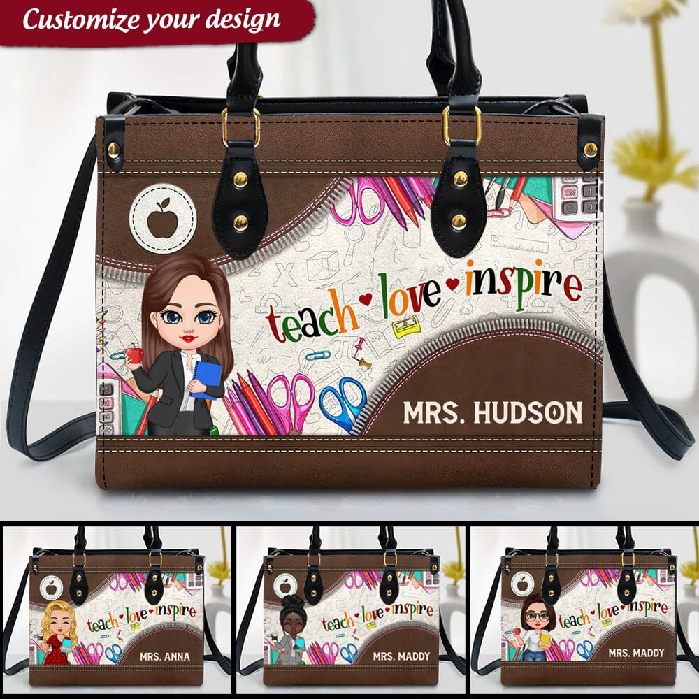 Teach Love Inspire Teacher Counselor Educator Personalized Leather Handbag HTN11DEC23NA4 Leather Handbag HumanCustom - Unique Personalized Gifts Made Just for You Black 