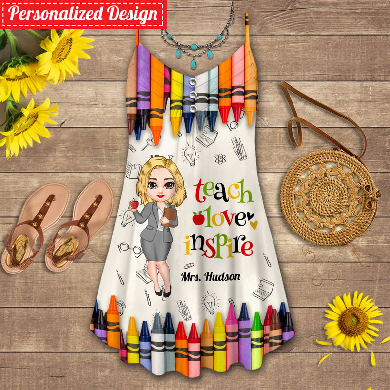 Discover Colorful Crayon Teach Love Inspire Cute Pretty Doll Teacher Personalized Summer Dress Perfect Teacher's Day Gift