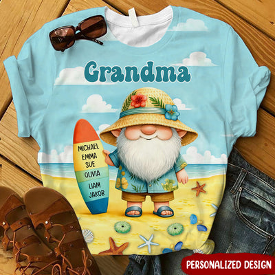 Surfboard Summer Gnome With Grandkids Name Personalized 3D T-shirt Gift for Grandmas Moms Aunties HTN12APR24VA3
