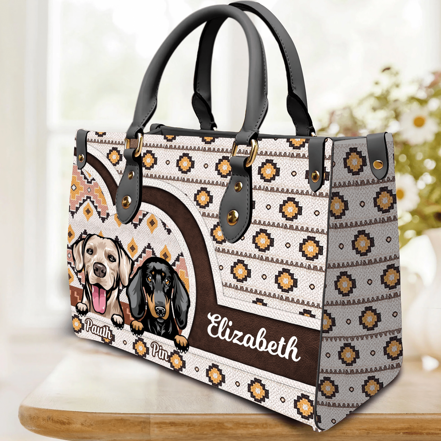 Southwestern Boho Aztec Cute Dog Puppy Cat Kitten Pattern Personalized Leather Handbag HTN12DEC23KL1 Leather Handbag HumanCustom - Unique Personalized Gifts Made Just for You 