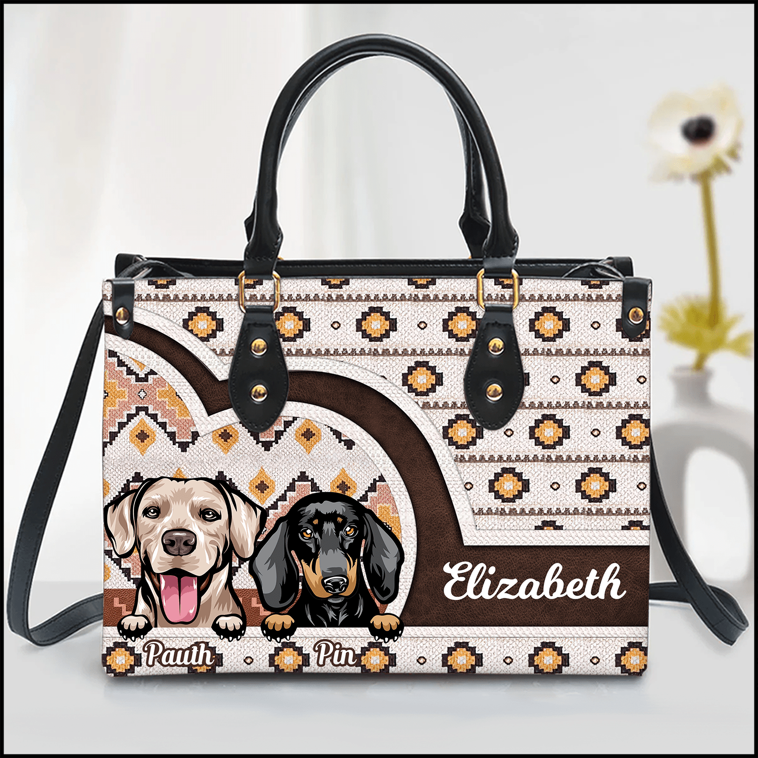 Southwestern Boho Aztec Cute Dog Puppy Cat Kitten Pattern Personalized Leather Handbag HTN12DEC23KL1 Leather Handbag HumanCustom - Unique Personalized Gifts Made Just for You 