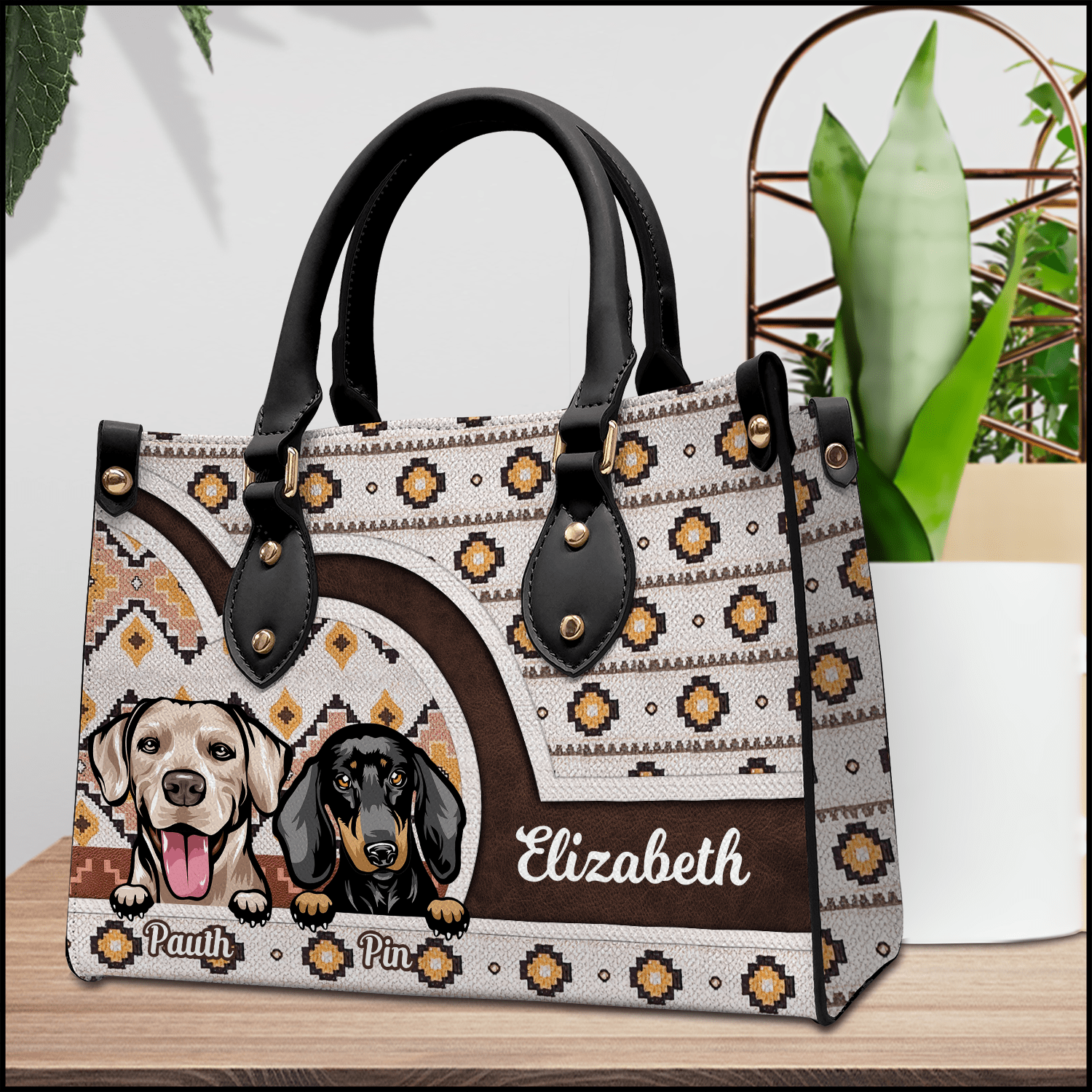 Southwestern Boho Aztec Cute Dog Puppy Cat Kitten Pattern Personalized Leather Handbag HTN12DEC23KL1 Leather Handbag HumanCustom - Unique Personalized Gifts Made Just for You 